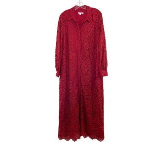 Chico's Red Lace Long Sleeve Maxi Dress Collared Button Front - Size 3.5, US 18